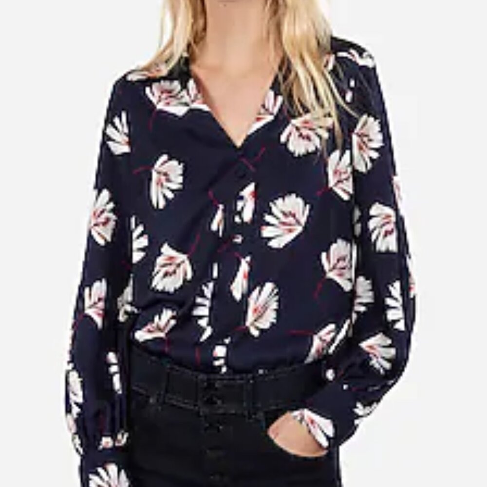 EXPRESS BUTTON DOWN CHELSEA FLORAL BLOUSE NAVY XXS NWT